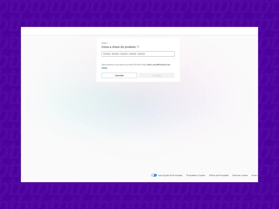 Página para inserção do código de ativação do Microsoft 365.