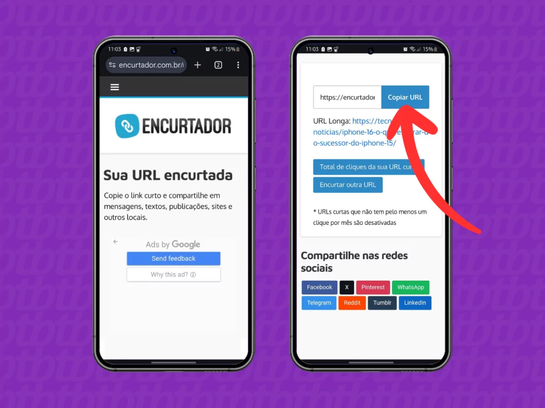 Como encurtar um link? Conheça 3 opções grátis para reduzir uma URL Guia Região dos Lagos 43 Capturas de tela do site Encurtador mostram como copiar a URL encurtada