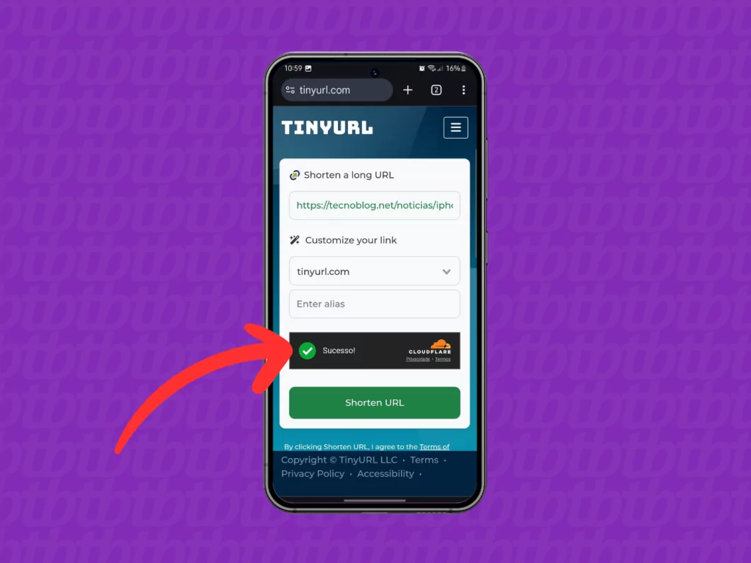Como encurtar um link? Conheça 3 opções grátis para reduzir uma URL Guia Região dos Lagos 31 Captura de tela do site TinyURL mostra como confirmar o captcha