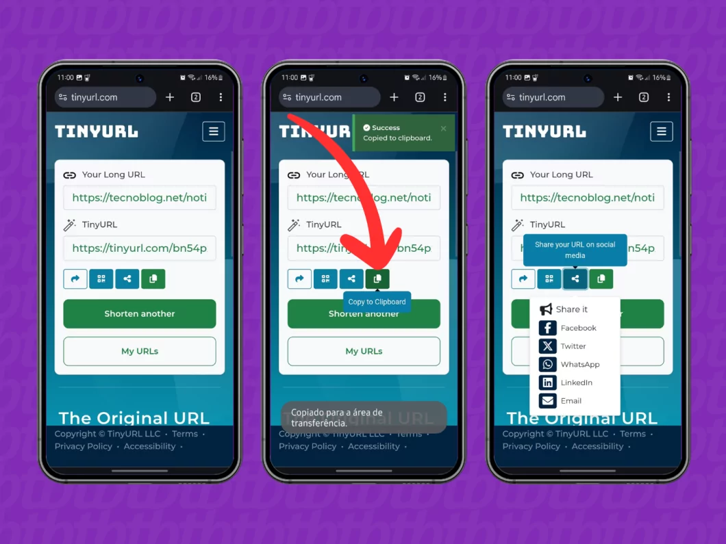 Como encurtar um link? Conheça 3 opções grátis para reduzir uma URL Guia Região dos Lagos 35 Capturas de tela do site TinyURL mostram como copiar a URL encurtada para a área de transferência ou compartilhar nas redes sociais
