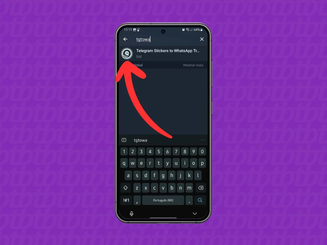 Captura de tela do aplicativo Telegram no Android mostra como acessar o bot Telegram Stickers to WhatsApp