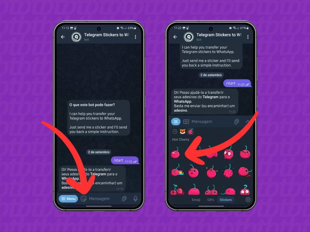 Capturas de tela do aplicativo Telegram no Android mostram como selecionar uma figurinha para a transferência