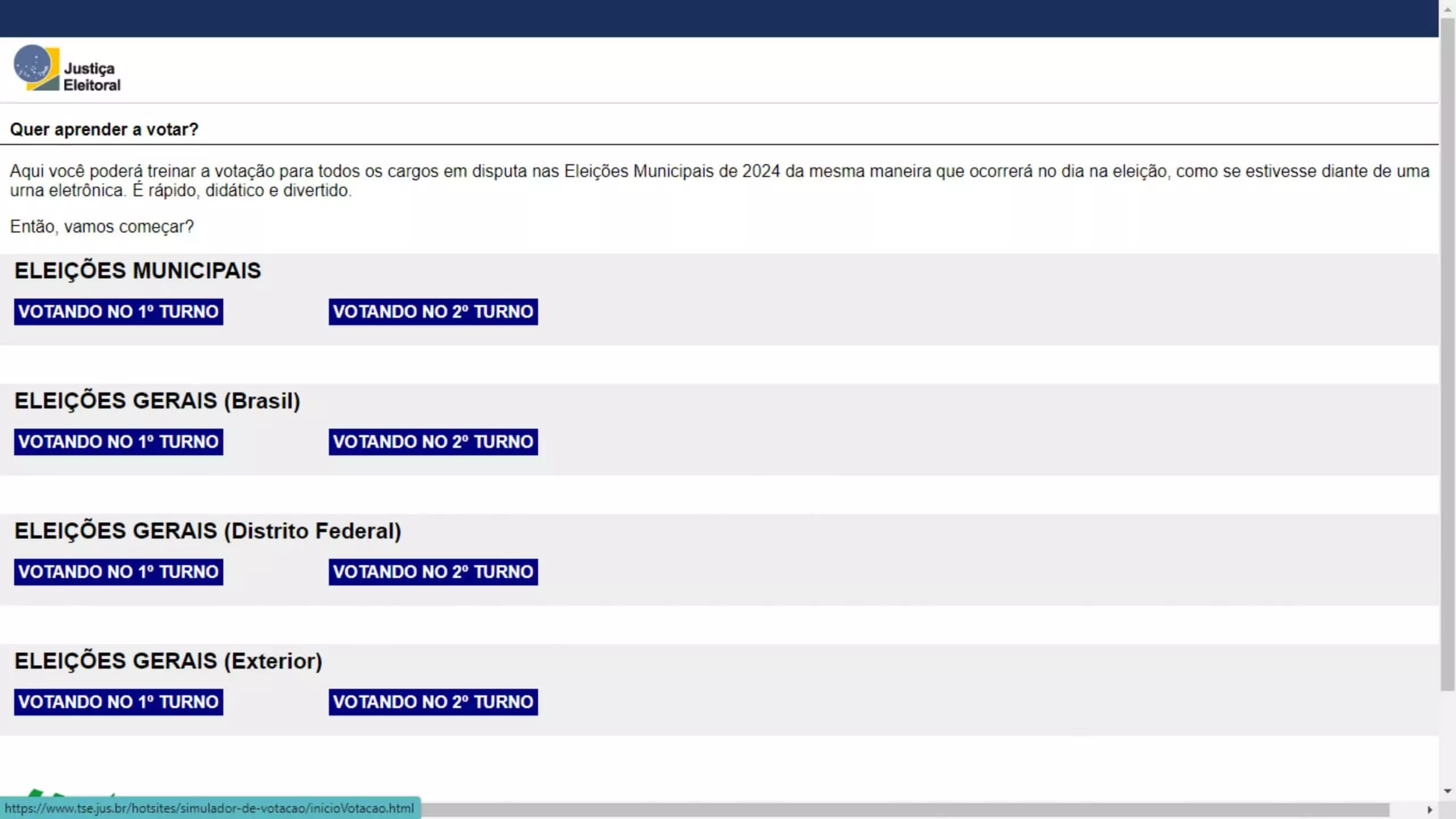 Tela inicial do Simulador de Votação TSE