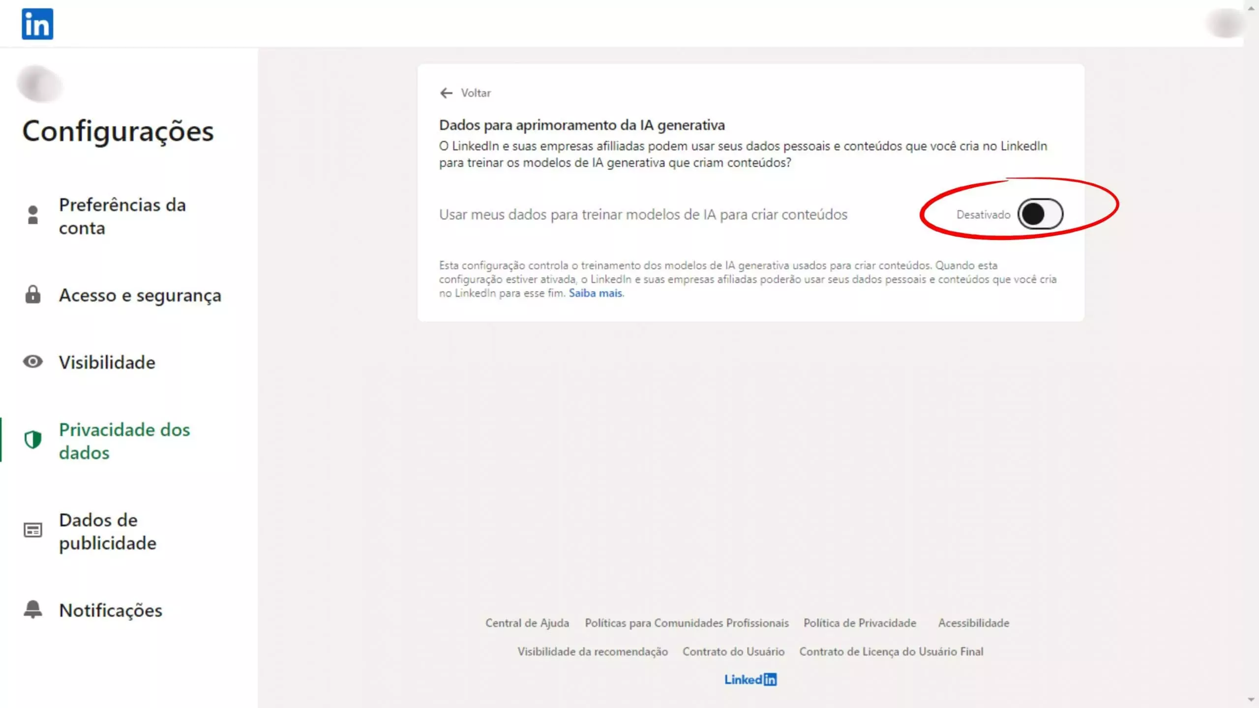Desativação de dados no LinkedIn