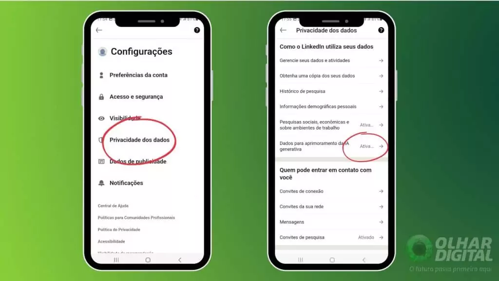 Privacidade de Dados no aplicativo LinkedIn