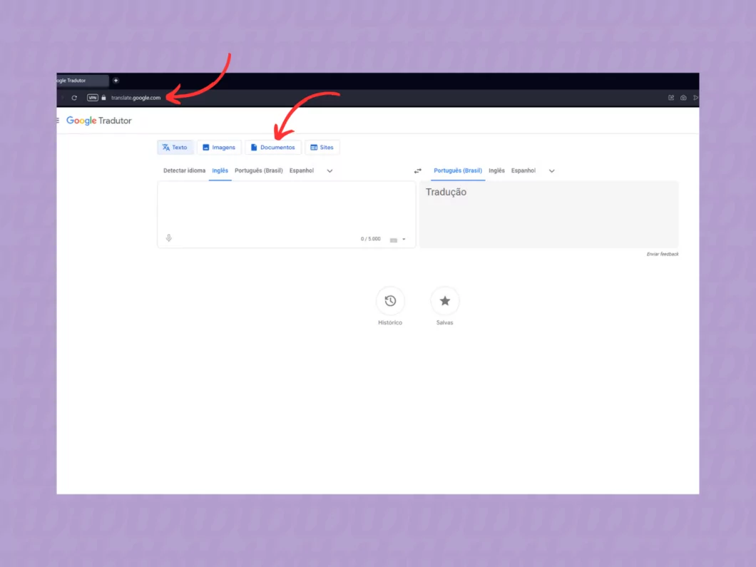 Acessando a guia 'Documentos' no Google Tradutor