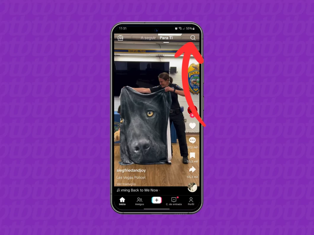 Captura de tela do aplicativo TikTok mostra como acessar o menu de pesquisa