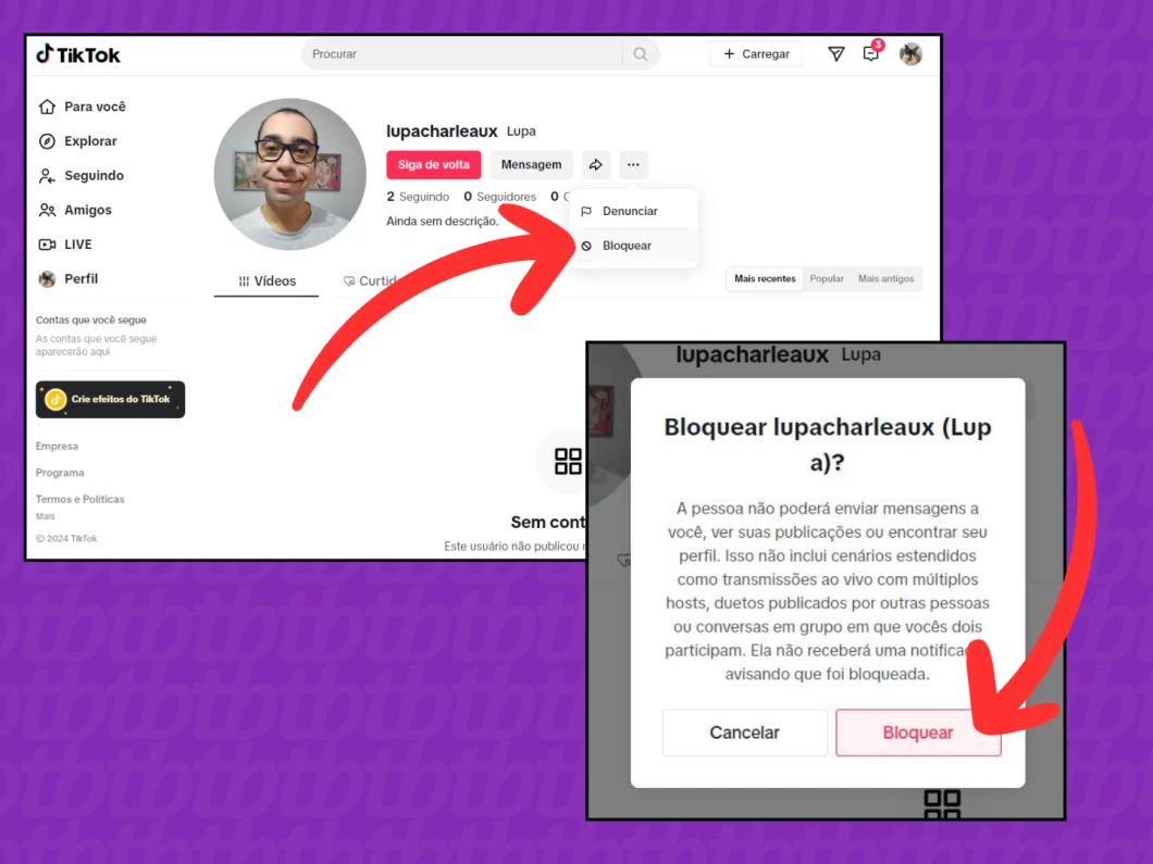 Captura de tela do site TikTok mostra como bloquear um perfil