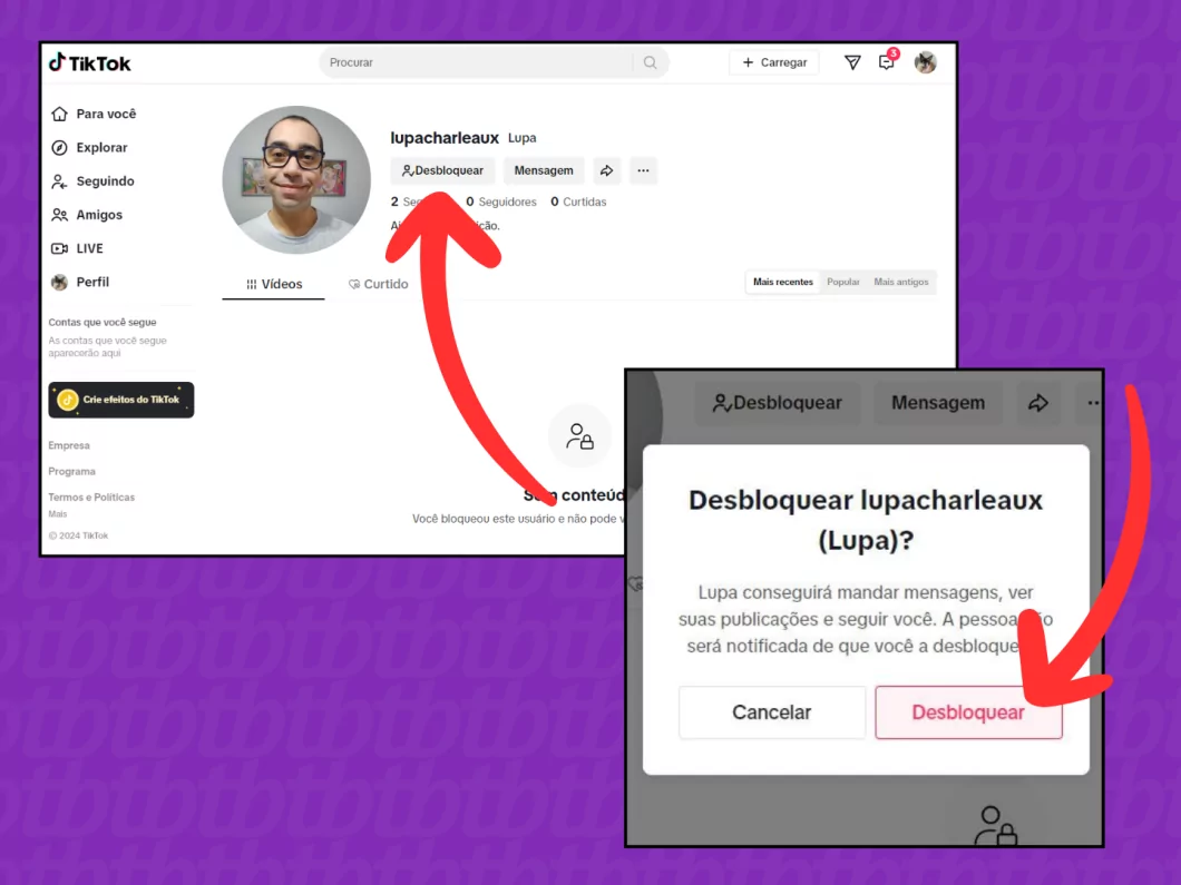 Captura de tela do site TikTok mostra como desbloquear um perfil