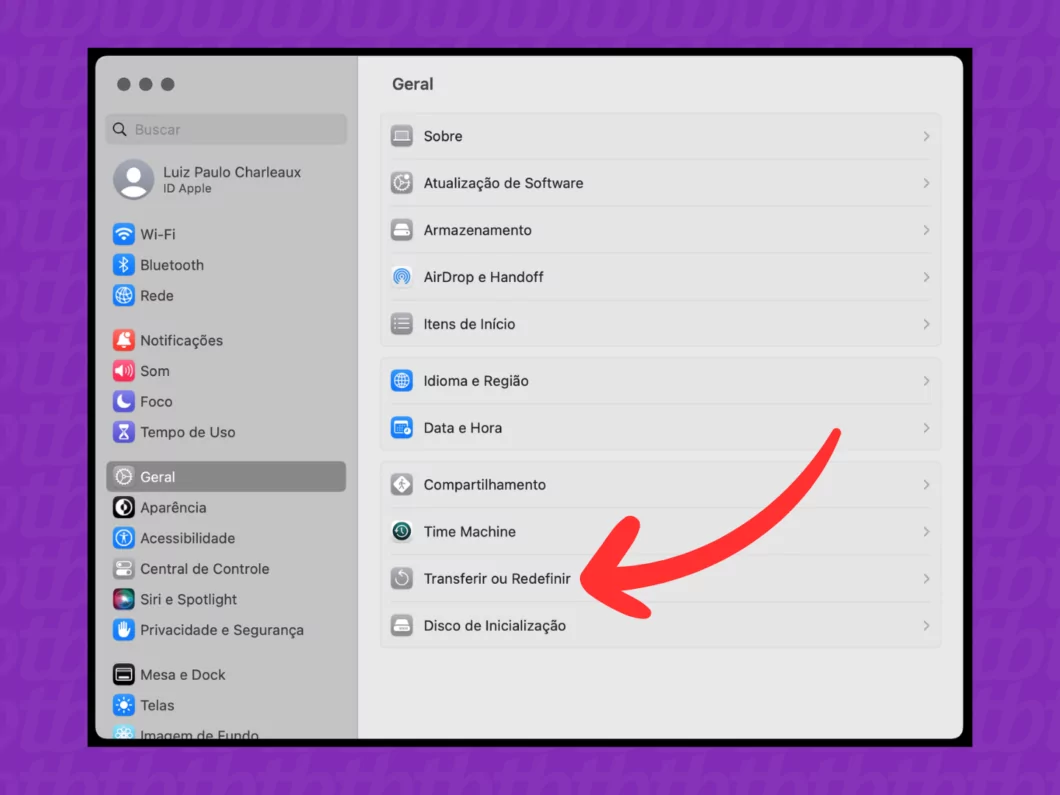 Aprenda a formatar um Mac e restaurar o macOS às configurações de fábrica Guia Região dos Lagos 14 Captura de tela do macOS mostra como abrir o menu Transferir ou Redefinir