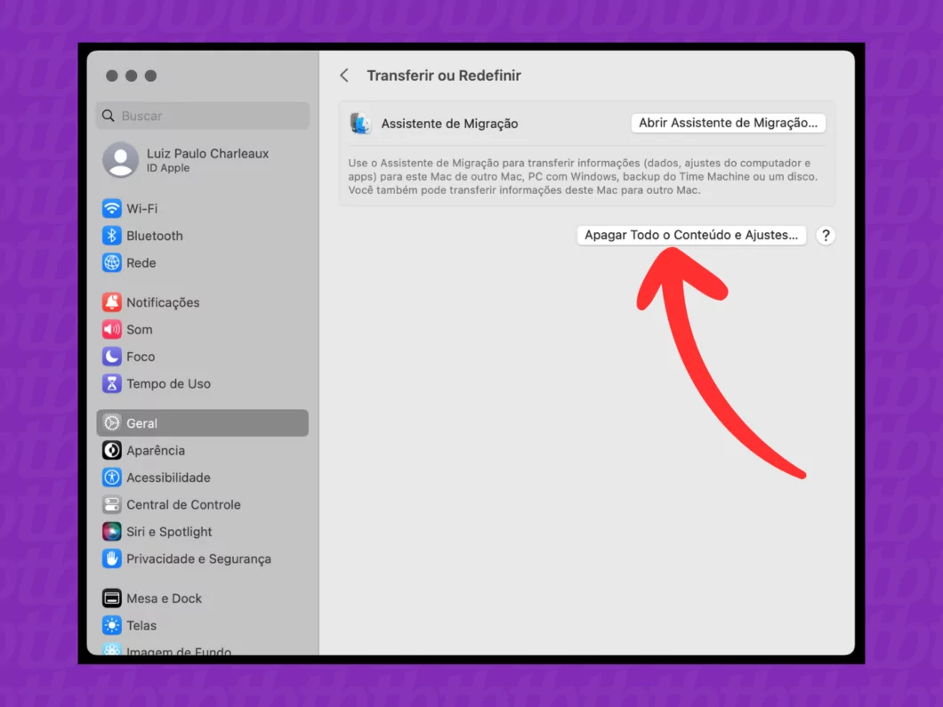 Aprenda a formatar um Mac e restaurar o macOS às configurações de fábrica Guia Região dos Lagos 15 Captura de tela do macOS mostra como abrir a ferramenta Apagar Todo o Conteúdo e Ajustes