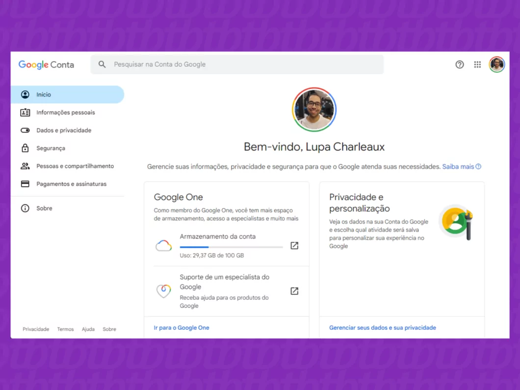 Página inicial da Conta Google Captura de tela da página inicial do Google Conta