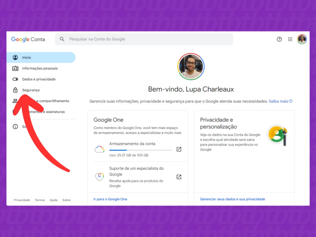 Configurações de Segurança da Google Conta Captura mostrando como acessar a aba Segurança