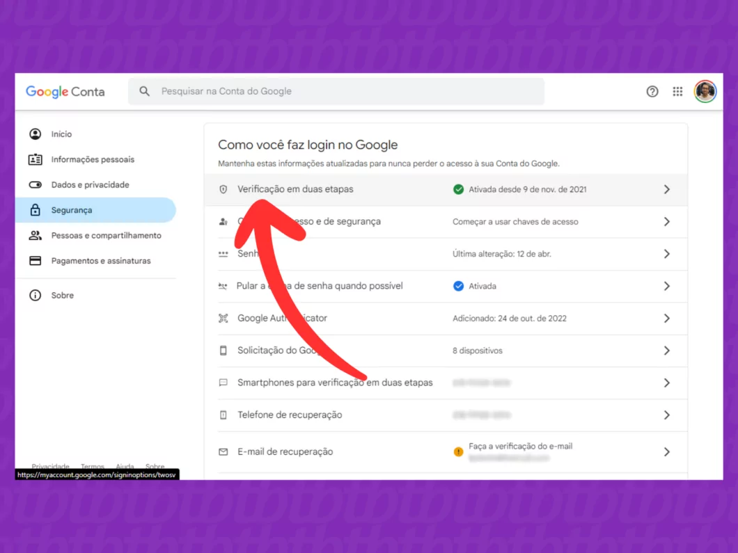 Menu de Verificação em Duas Etapas da Google Conta Captura mostrando como acessar o menu de Verificação em duas etapas