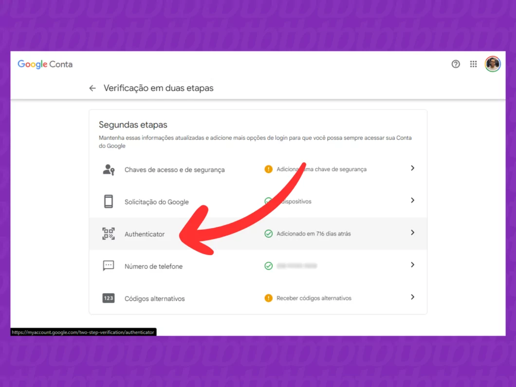 Seção Authenticator da Google Conta Captura mostrando como acessar a opção Authenticator