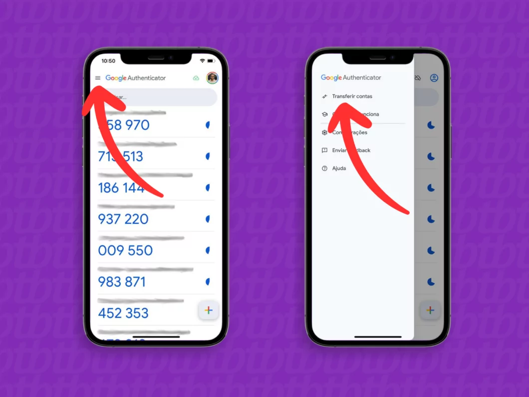 Transferir Contas no Google Authenticator Captura de tela do Google Authenticator mostrando a função Transferir contas