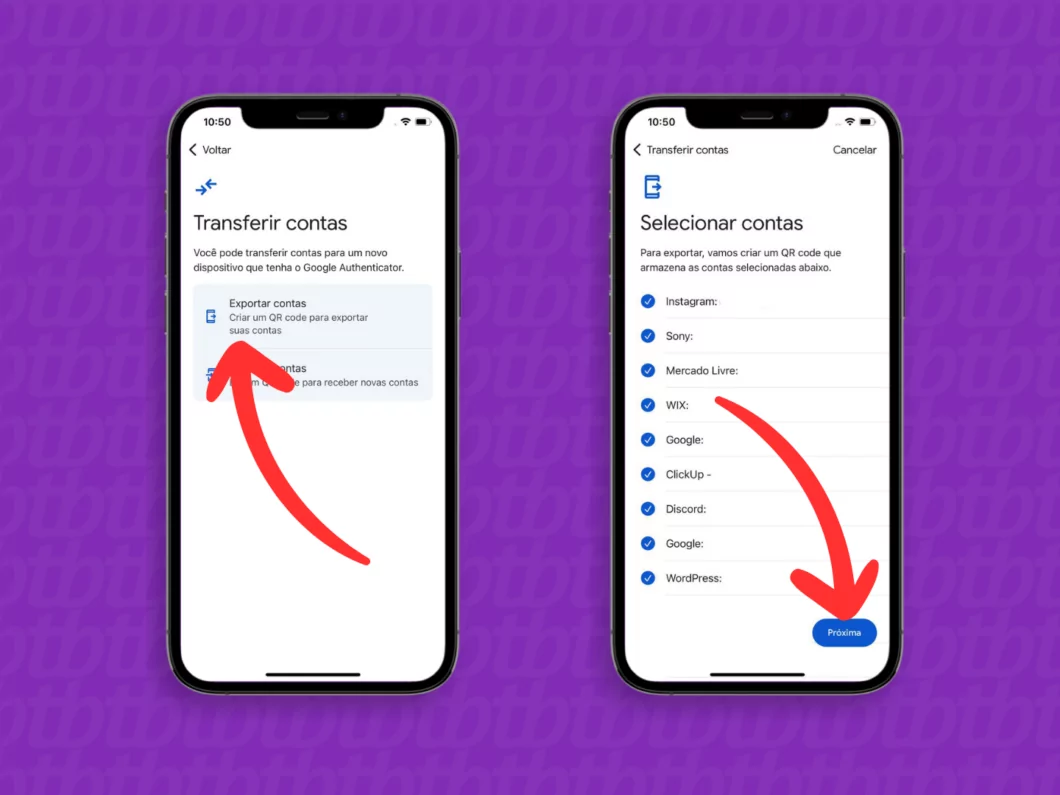 Exportação de contas do Google Authenticator Exportação e seleção de contas no Google Authenticator