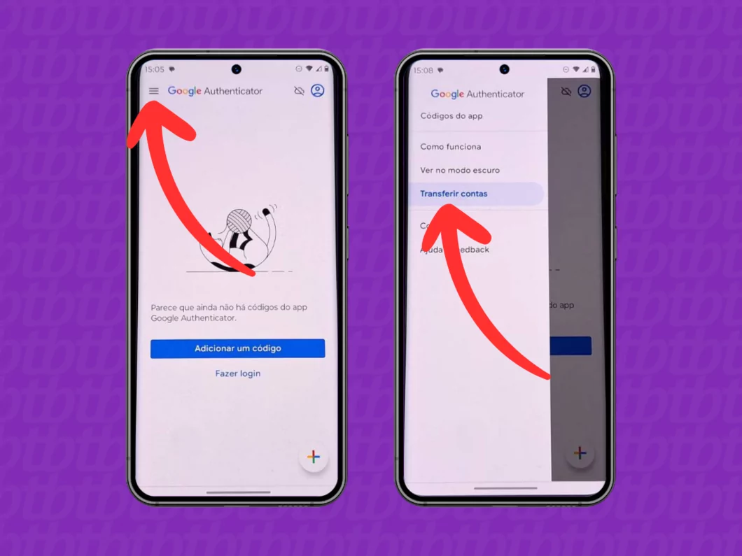 Transferir Contas no novo dispositivo Captura de tela do Google Authenticator mostrando como acessar a opção Transferir contas
