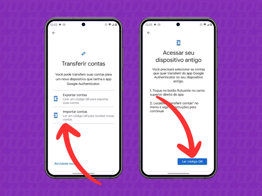 Importar Contas no Google Authenticator Captura de tela do Google Authenticator mostrando como importar contas e ler QR code