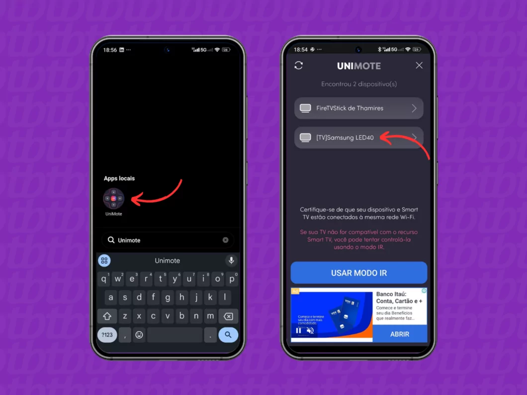 Localizando sua televisão com o app UniMote