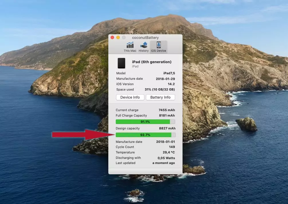 Uso do coconutBattery para verificar a saúde da bateria do iPad Imagem mostrando como usar o coconutBattery para verificar a saúde da bateria