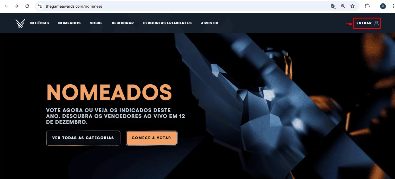 Tela inicial de login no The Game Awards 2024