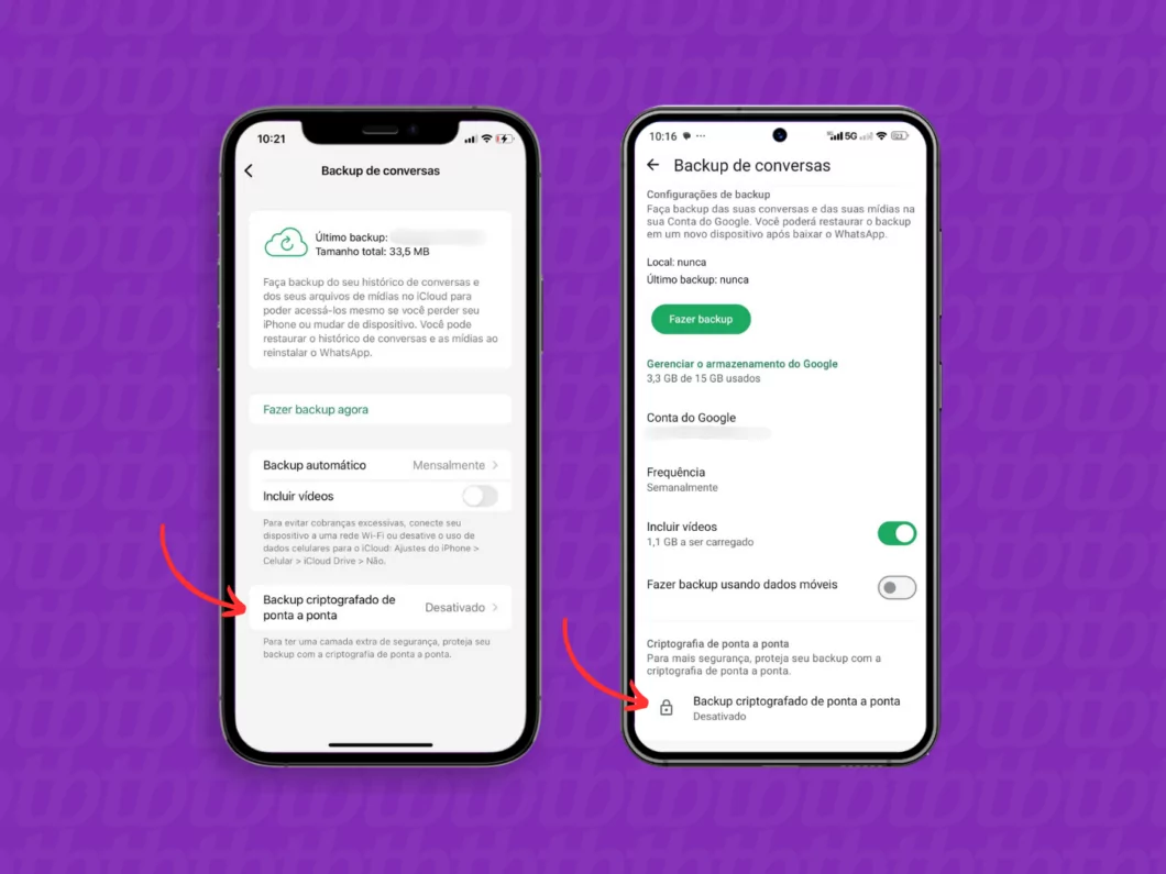 Acessando a opção 'Backup criptografado' do WhatsApp Acessando a opção 'Backup criptografado' do WhatsApp
