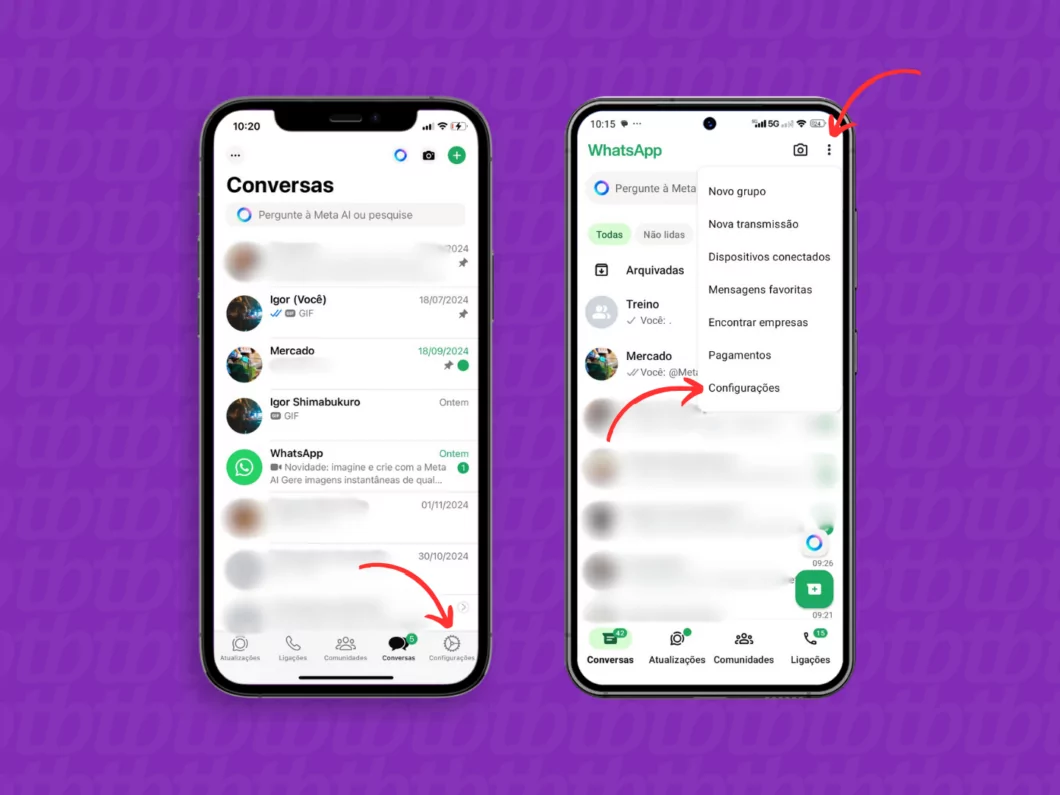 Acessando as configurações do WhatsApp pelo celular Acessando as configurações do WhatsApp pelo celular