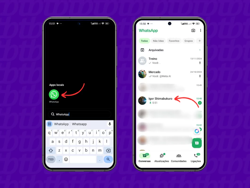 Acessando uma conversa com áudio no WhatsApp Acessando uma conversa com áudio no WhatsApp