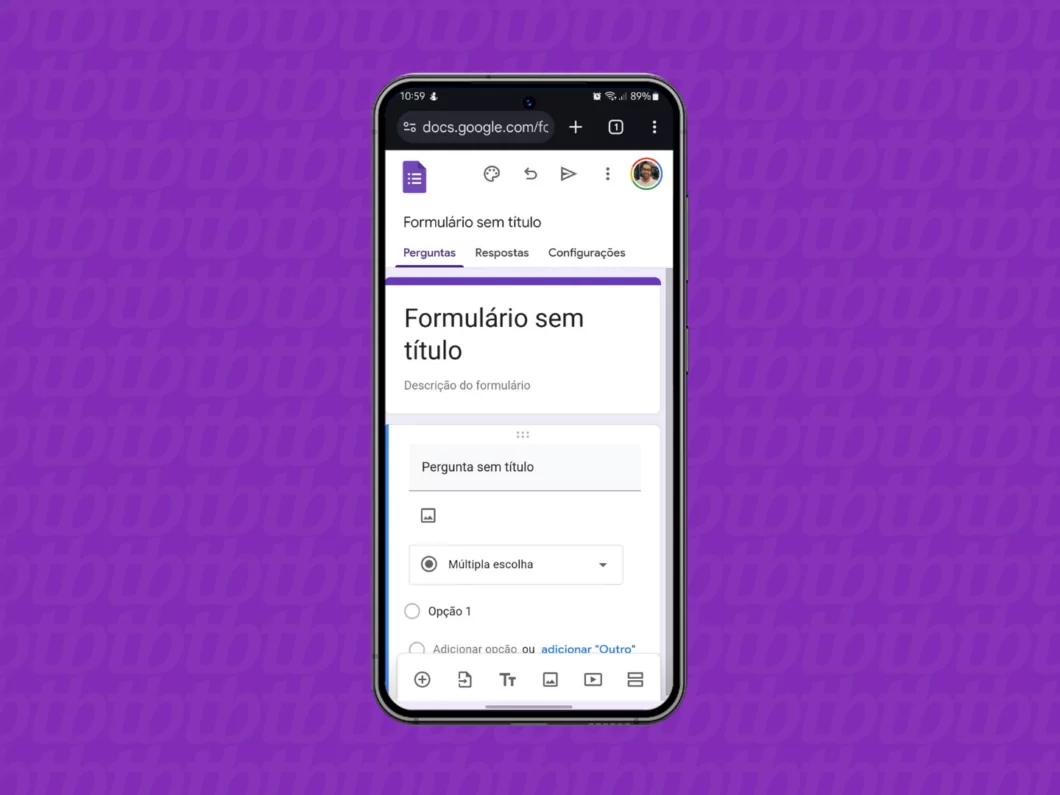 Captura de tela do site Google Forms no celular Captura de tela do site Google Forms no celular