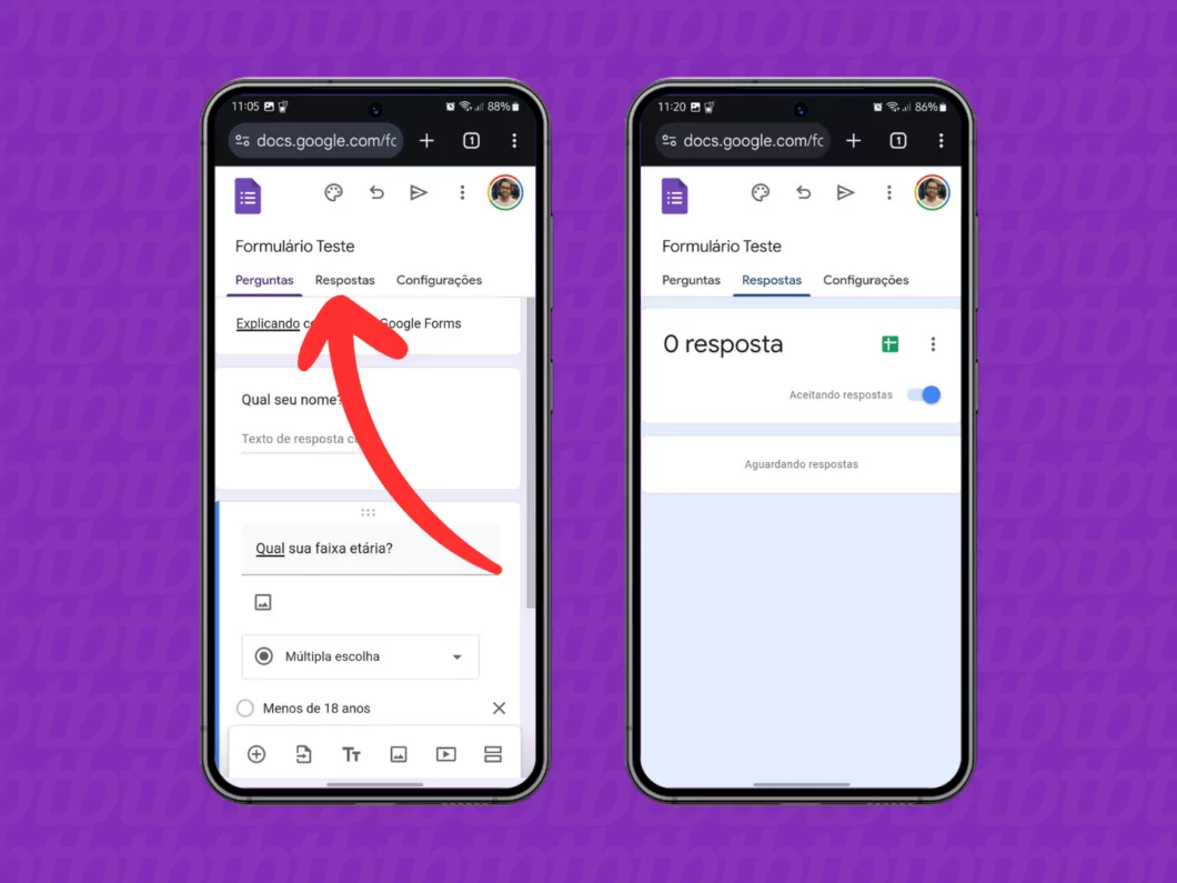 Captura de tela do site Google Forms no celular mostra como acessar as respostas Captura de tela do site Google Forms no celular mostra como acessar as respostas