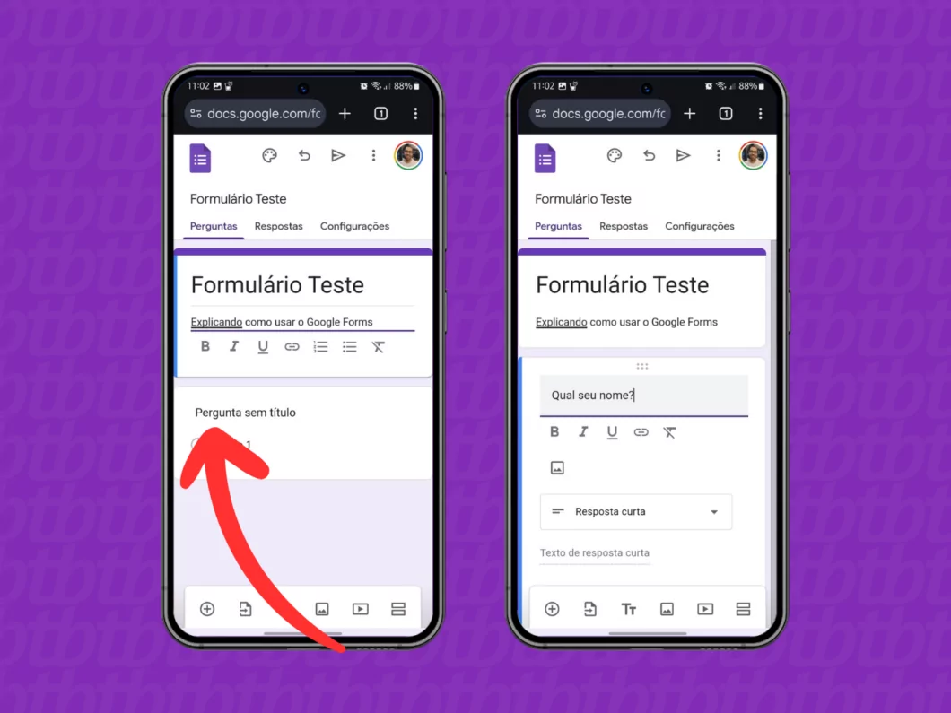 Captura de tela do site Google Forms no celular mostra como inserir uma pergunta Captura de tela do site Google Forms no celular mostra como inserir uma pergunta