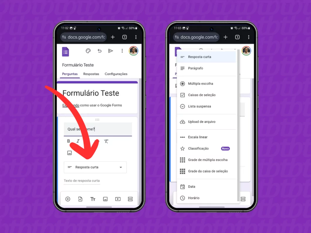 Captura de tela do site Google Forms no celular mostra como inserir definir o formato de resposta Captura de tela do site Google Forms no celular mostra como inserir definir o formato de resposta