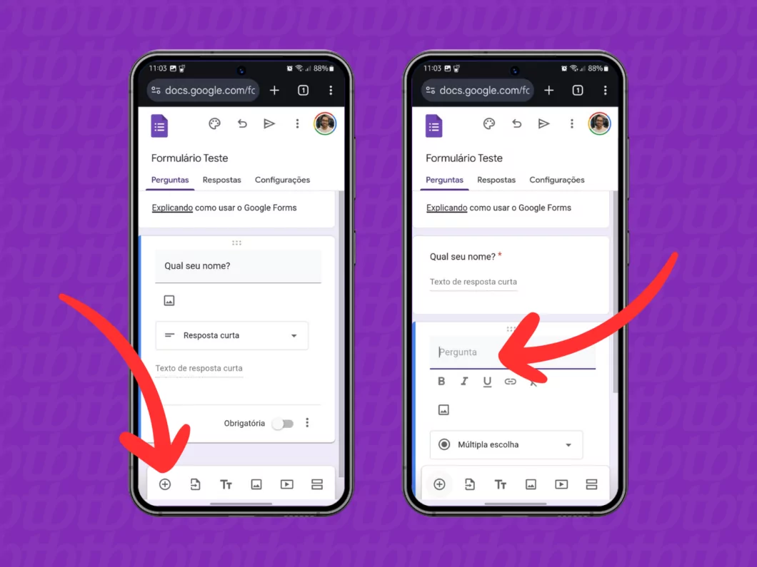 Captura de tela do site Google Forms no celular mostra como adicionar uma nova pergunta ao formulário Captura de tela do site Google Forms no celular mostra como adicionar uma nova pergunta ao formulário