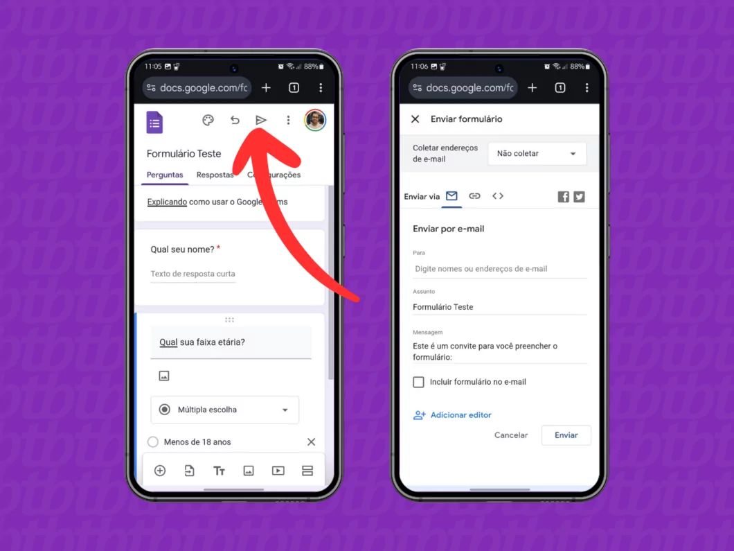 Captura de tela do site Google Forms no celular mostra como compartilhar o formulário Captura de tela do site Google Forms no celular mostra como compartilhar o formulário