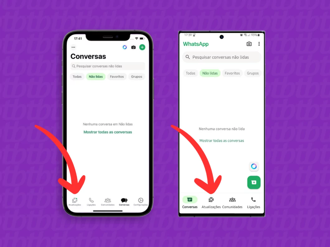 Abrindo a aba Atualizações do WhatsApp Captura de tela do aplicativo WhatsApp no iPhone e Android mostra como abrir a aba Atualizações