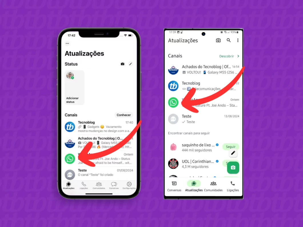 Acessando o Canal do WhatsApp que será denunciado Captura de tela do aplicativo WhatsApp no iPhone e Android mostra como abrir o Canal que será denunciado