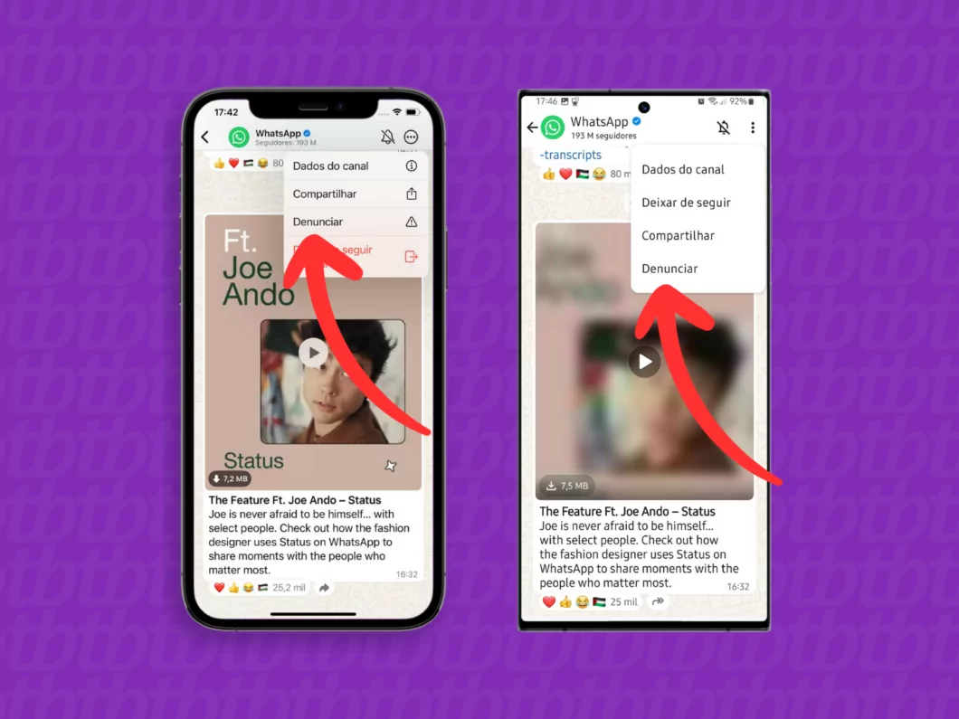 Abrindo o submenu e selecionando a opção Denunciar Captura de tela do aplicativo WhatsApp no iPhone e Android mostra como acessar a opção Denunciar Canal