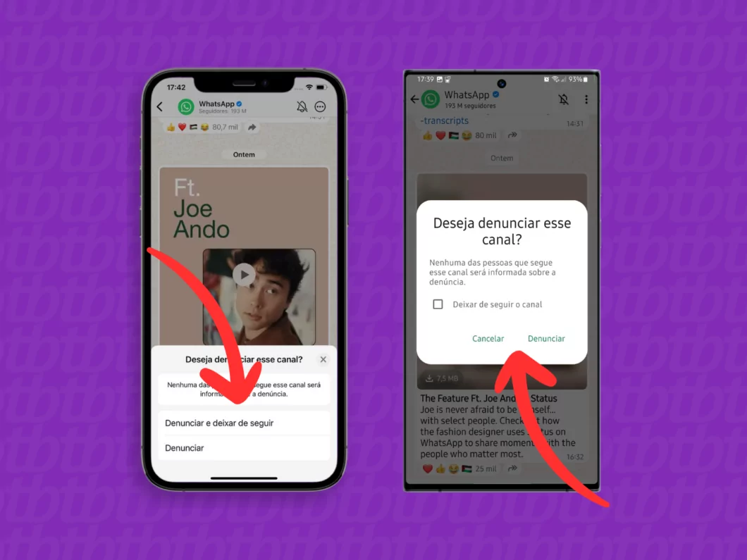 Confirmando a denúncia do Canal do WhatsApp Captura de tela do aplicativo WhatsApp no iPhone e Android mostra como confirmar a denúncia do canal