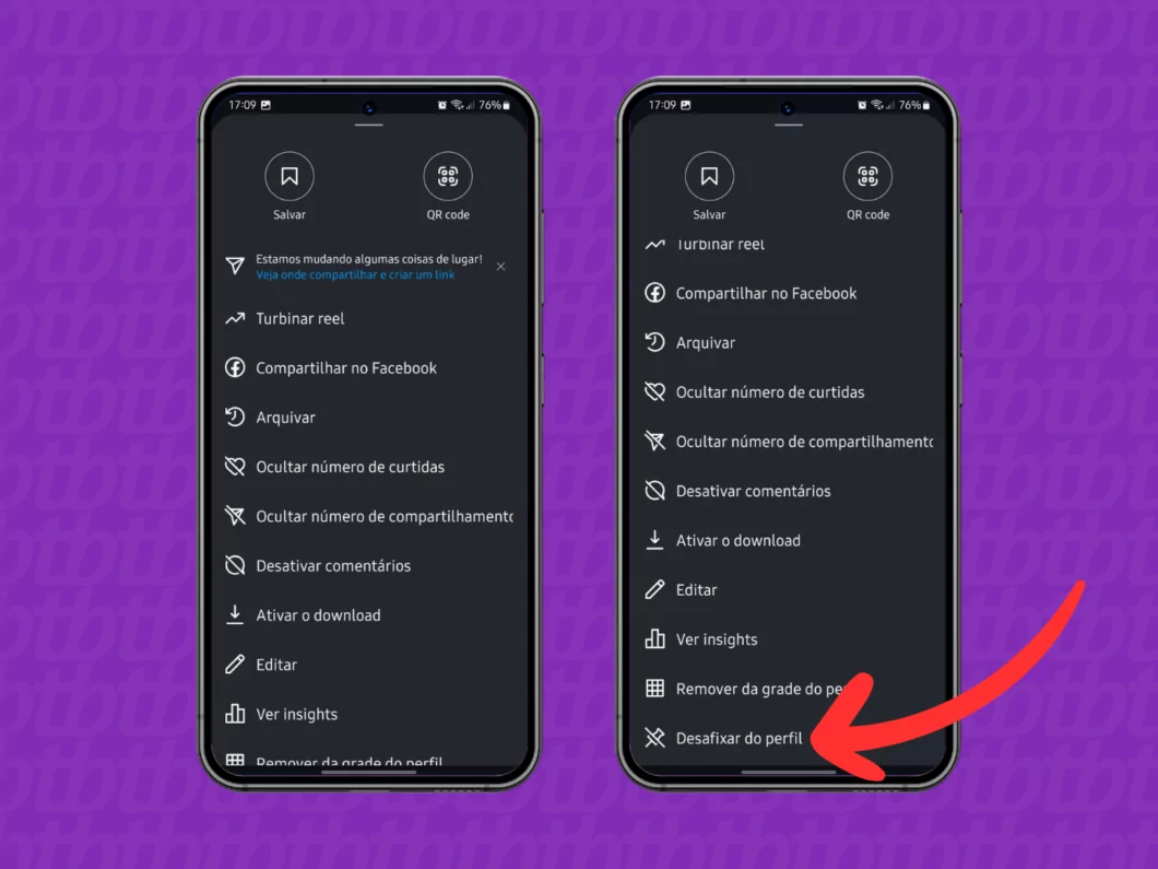Como prender ou soltar uma imagem no Feed do Instagram Guia Região dos Lagos 16 Captura de tela mostrando a opção Desafixar do perfil