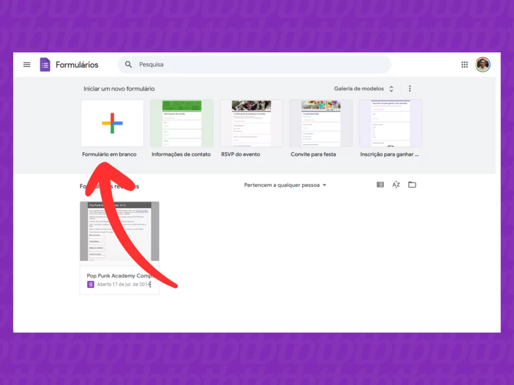 Captura de tela do site Google Forms no PC Captura de tela do site Google Forms no PC