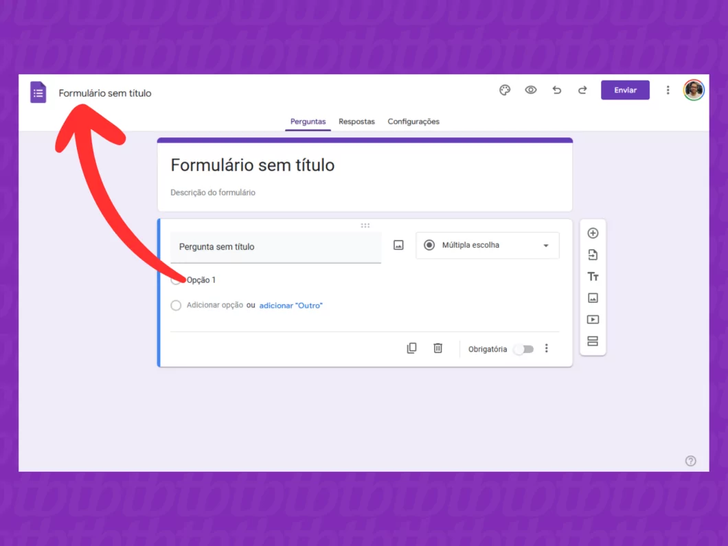 Captura de tela do site Google Forms no PC mostra como editar o nome do formulário Captura de tela do site Google Forms no PC mostra como editar o nome do formulário