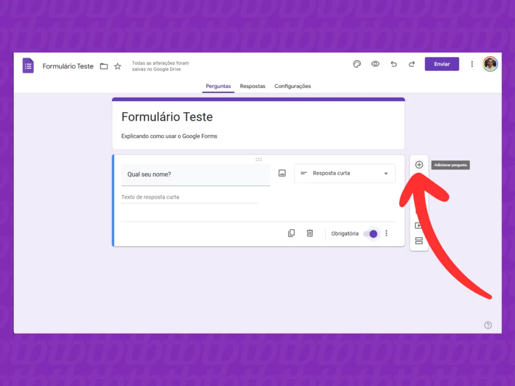 Captura de tela do site Google Forms no PC mostra como adicionar uma nova pergunta ao formulário Captura de tela do site Google Forms no PC mostra como adicionar uma nova pergunta ao formulário