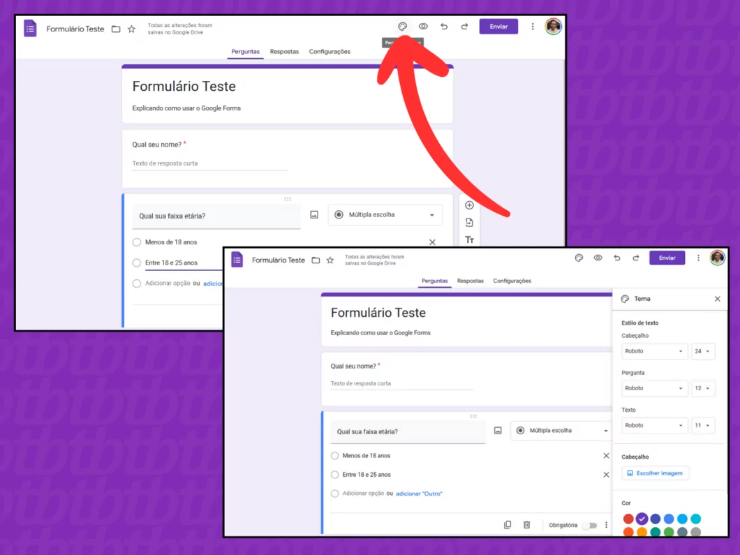 Captura de tela do site Google Forms no PC mostra como alterar o tema do formulário Captura de tela do site Google Forms no PC mostra como alterar o tema do formulário