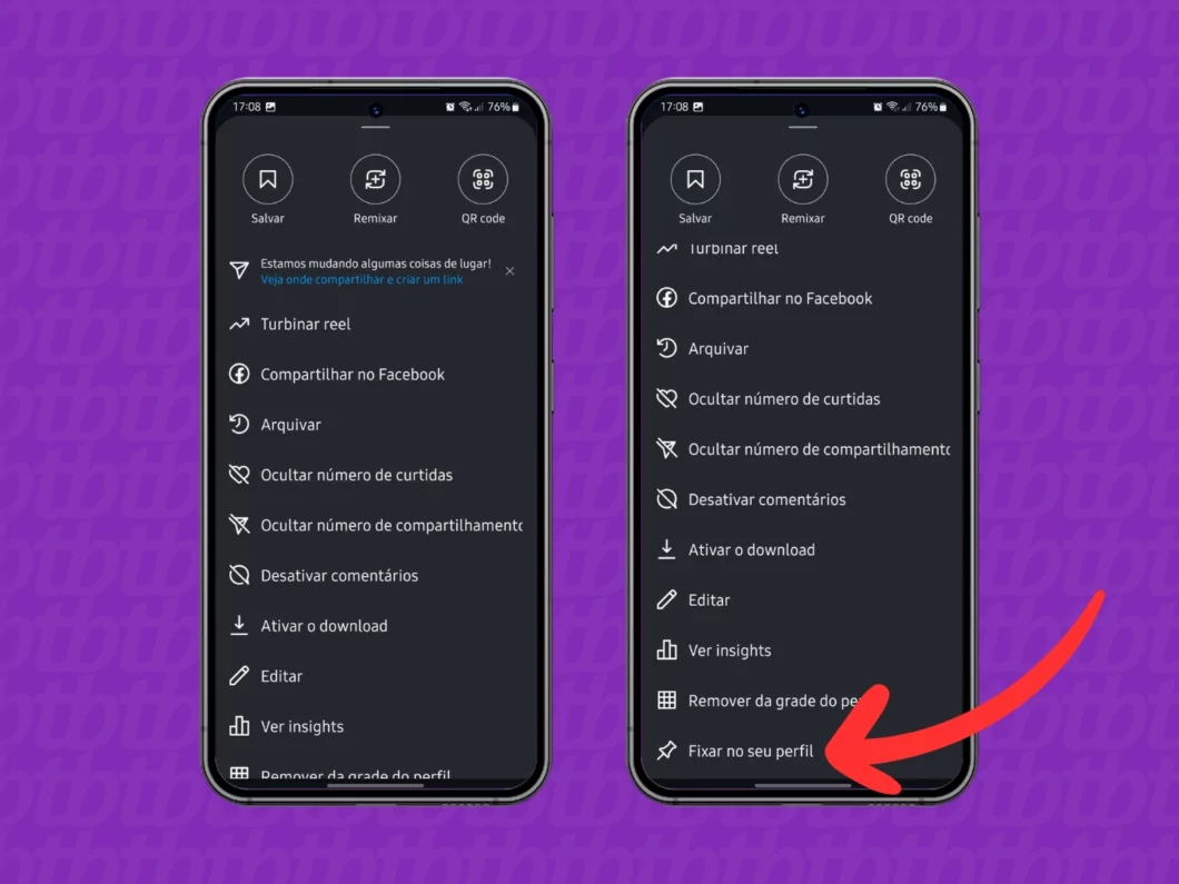 Como prender ou soltar uma imagem no Feed do Instagram Guia Região dos Lagos 12 Captura de tela do Instagram mostrando a seleção da opção Fixar no seu perfil