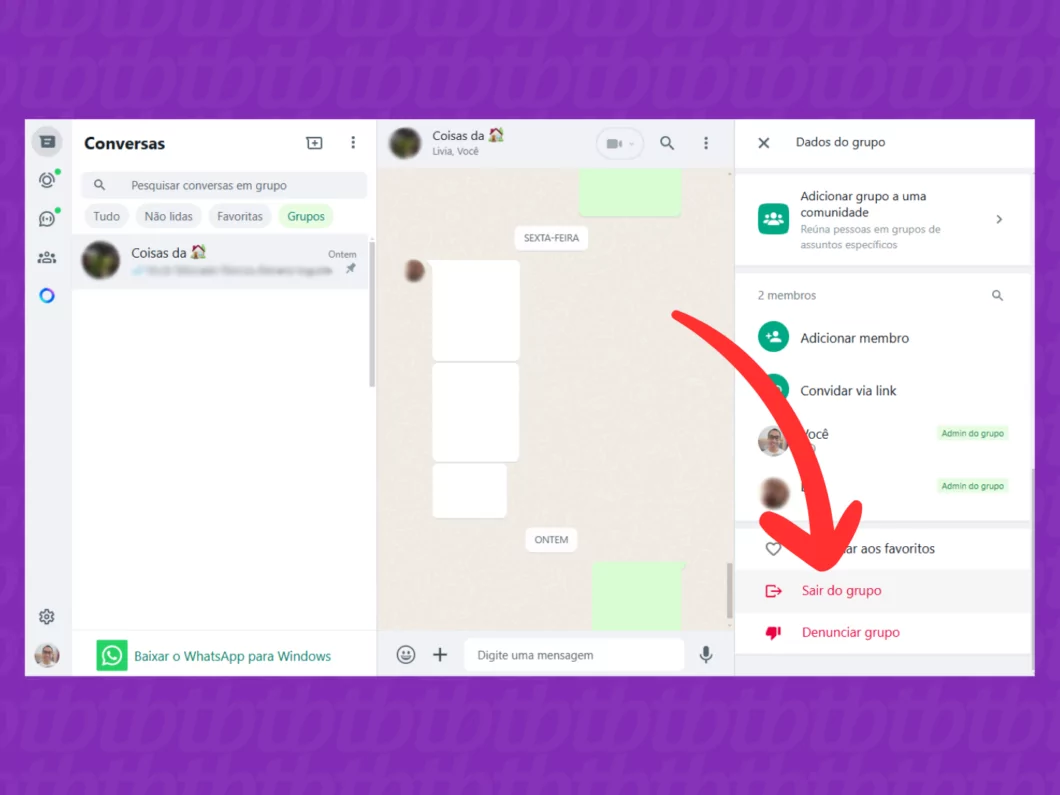Como deixar um grupo do WhatsApp pelo celular ou computador Guia Região dos Lagos 17 Captura de tela mostrando como selecionar a opção Sair do grupo