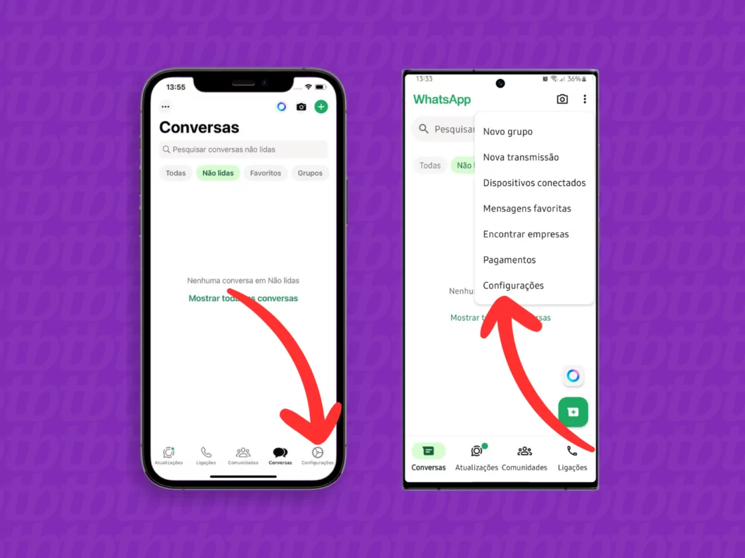 Acessando as configurações do WhatsApp no celular Captura de tela do aplicativo WhatsApp no iPhone e no Android mostrando como acessar as configurações