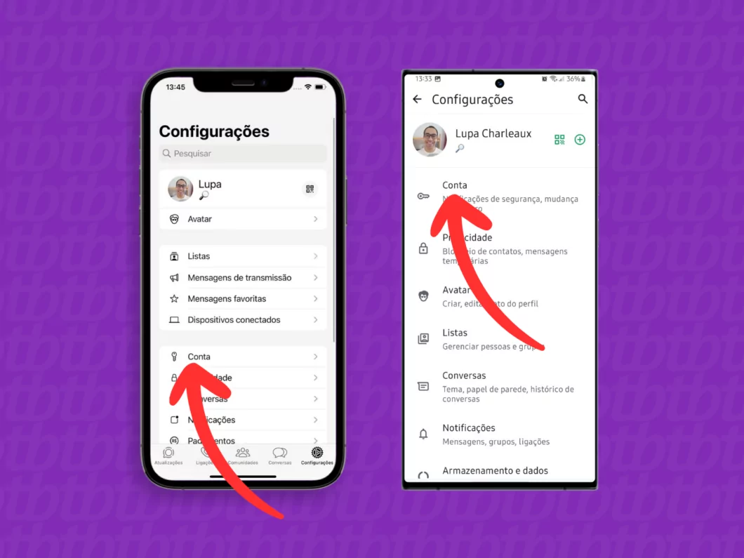 Acessando o menu Conta do WhatsApp Captura de tela do aplicativo WhatsApp no iPhone e Android mostrando como abrir o menu Conta