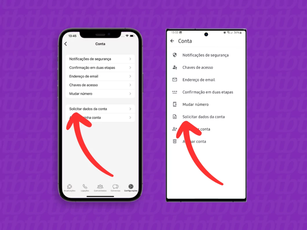 Selecionando a opção Solicitar dados da conta Captura de tela do aplicativo WhatsApp no iPhone e Android mostrando como abrir o menu Solicitar dados da conta