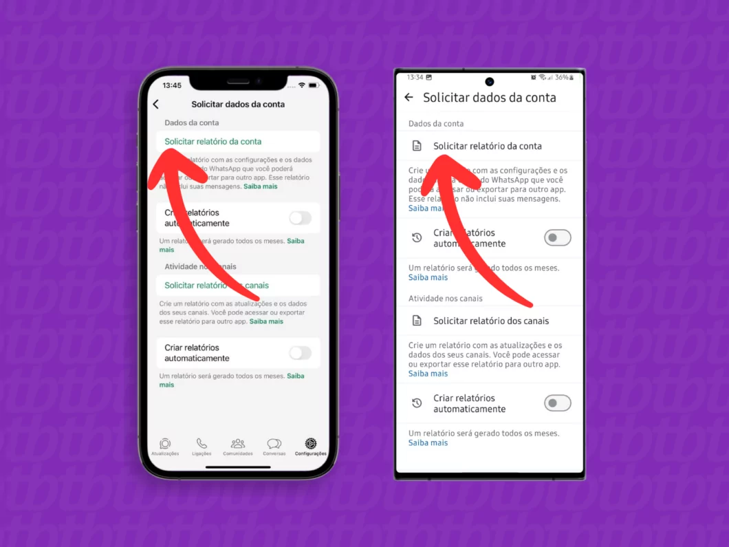 Usando a função Solicitar relatório da conta do WhatsApp Captura de tela do aplicativo WhatsApp no iPhone e Android mostrando como usar a ferramenta Solicitar relatório da conta
